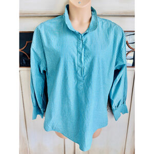 EUC ANN MASHBURN Anaya Popover Shirt in Blue/Green Gingham Preppy | Sz Lg